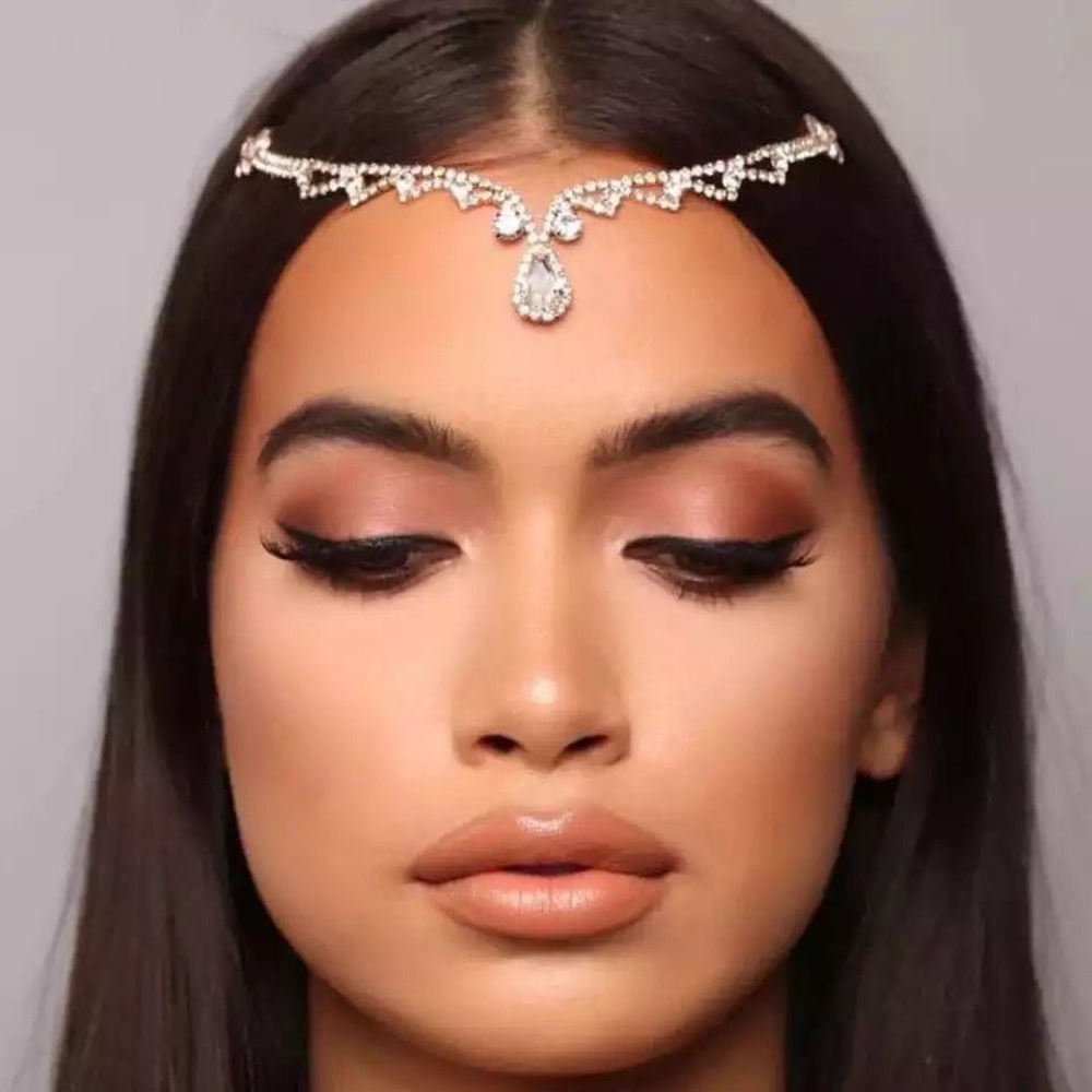 Rhinestone Waterdrop Bridal Hair Chain in Gold